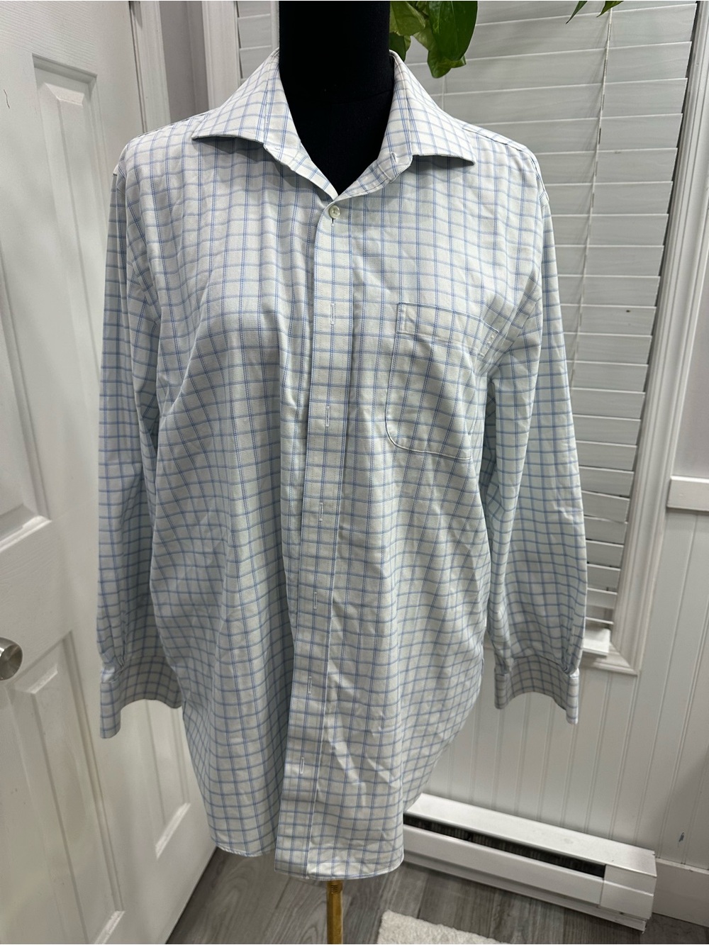 Brooks Brothers White Dress Shirt with Light Blue Windowpane